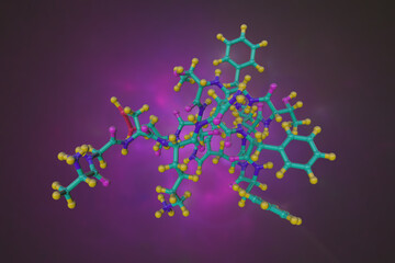 Molecular structure of human somatostatin-14, an inhibitory peptide hormone produced in the hypothalamus that acts to inhibit release of insulin, glucagon and growth hormone. 3d illustration