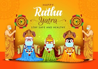vector illustration design for Indian festival With happy Chariot Journey, celebration for Lord Jagannath, Balabhadra and Subhadra. covid-19, corona virus concept - obrazy, fototapety, plakaty