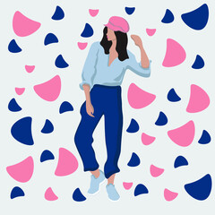 Stylish abstract illustration with a stylized figure of a girl in trousers, sneakers, a pink cap. A hand-drawn woman stands with her hand raised. Drawing for printing on textiles, diaries.