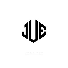 JUE letter logo design with polygon shape. JUE polygon logo monogram. JUE cube logo design. JUE hexagon vector logo template white and black colors. JUE monogram, JUE business and real estate logo. 