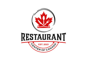 Maple leaf with fork, spoon, knife concept. Canada food restaurant logo design inspiration template