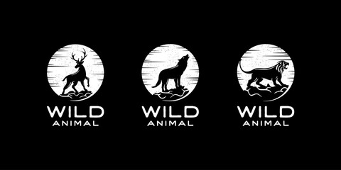 Silhouette of deer, wolf, lion. Wildlife animal logo design inspiration template