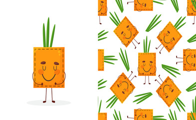 Seamless pattern onion shaped patch pocket. Character pocket onion. Cartoon style. Design element. 