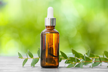 Bottle of essential oil and green branch on table outdoors, closeup