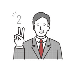 指を2本立ててピースサインをしたミドルシニアのビジネスマン