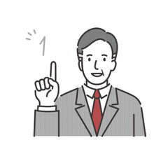 笑顔で指を1本立てたスーツ姿のミドルシニアのビジネスマン