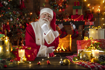 Festive interior inside wooden house, New Year's cheerful mood Spirit of Christmas