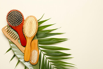 Composition with hair brushes, comb and palm leaf on color background