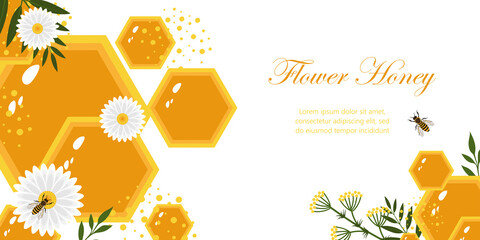Banner with the image of honeycombs, flowers and bees. Template for flyer, banner, postcard.