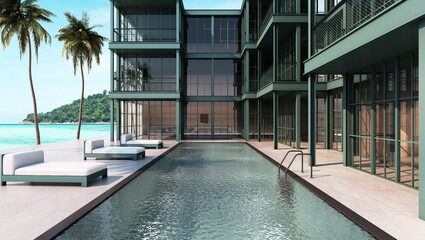 Resort with pool design minimal take view sea - 3D render