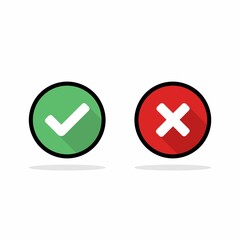 Check and wrong marks, Tick and cross marks, Accepted/Rejected, Approved/Disapproved, Yes/No, Right/Wrong, Green/Red, Correct/False, Ok/Not Ok - vector mark symbols in green and red. Black stroke and 