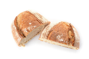 Loaf of sourdough bread on white background