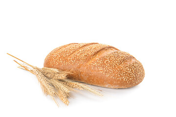Loaf of bread with sesame seeds on white background