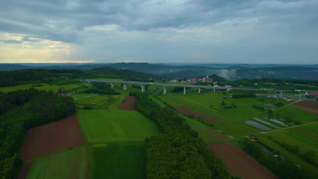 Aerial view around the village Trockau in Germany, Bavaria on a cloudy rainy day in Spring