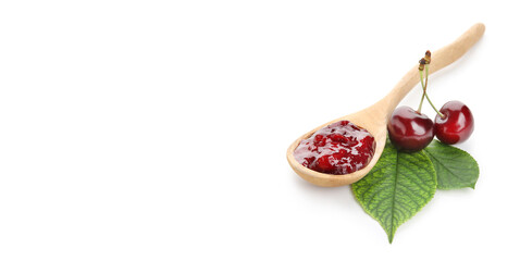 Spoon with tasty cherry jam on white background