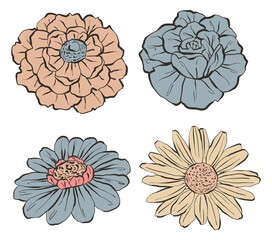 Set of Hand Drawn Flowers, Colorful Vector Illustrations with dark outline. Elegant images for prints, postcards, greeting cards, fabric and more.