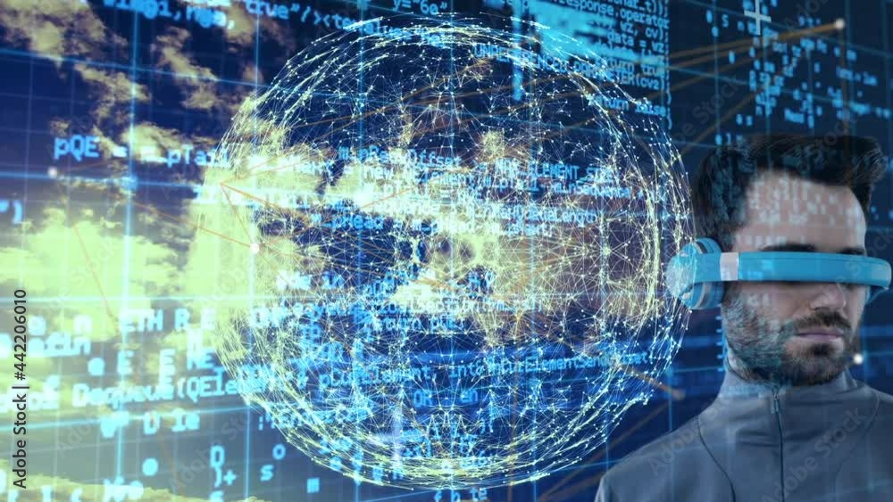 Poster animation of data processing over man wearing vr headset on sky with clouds