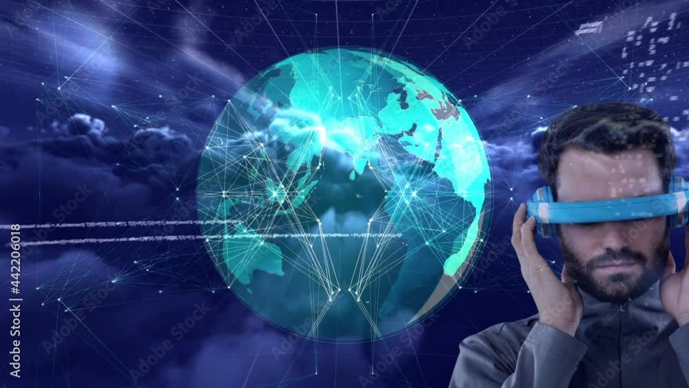 Poster animation of globe, data processing over man wearing vr headset on sky with clouds