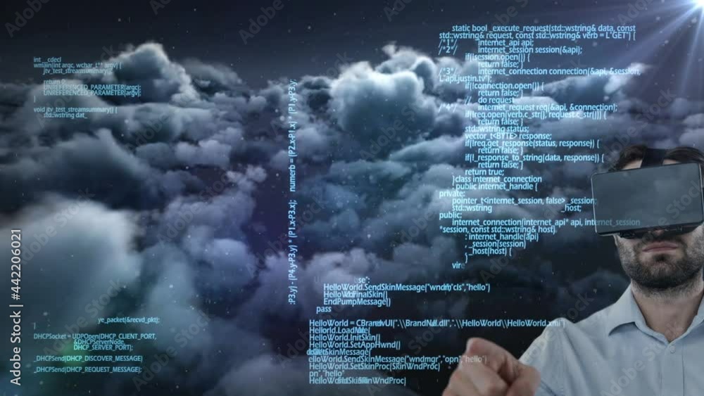 Aufkleber animation of data processing over man wearing vr headset on sky with clouds