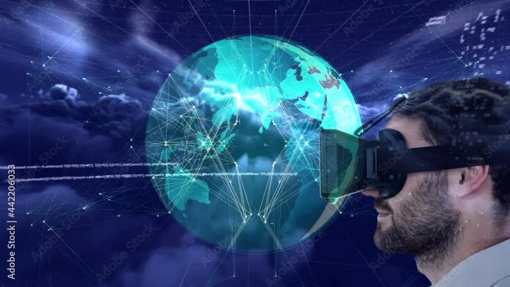 Poster animation of globe, data processing over man wearing vr headset on sky with clouds
