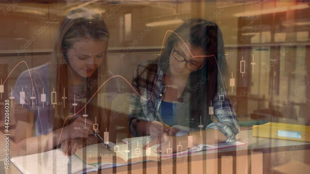 Poster animation of digital data processing over female students studying