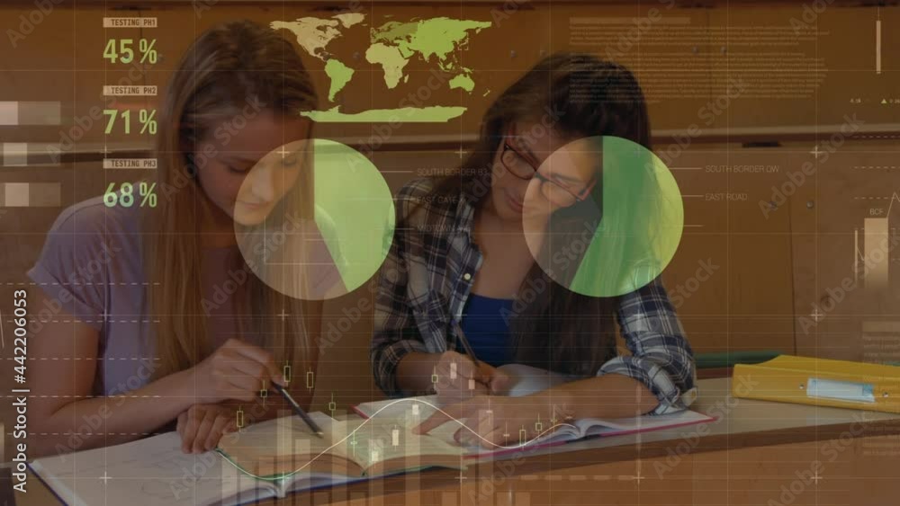 Poster animation of statistics, digital data processing over female students studying
