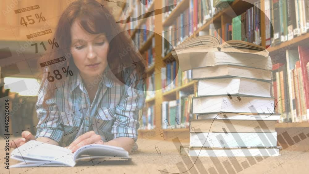 Poster animation of statistics and data processing over female student studying