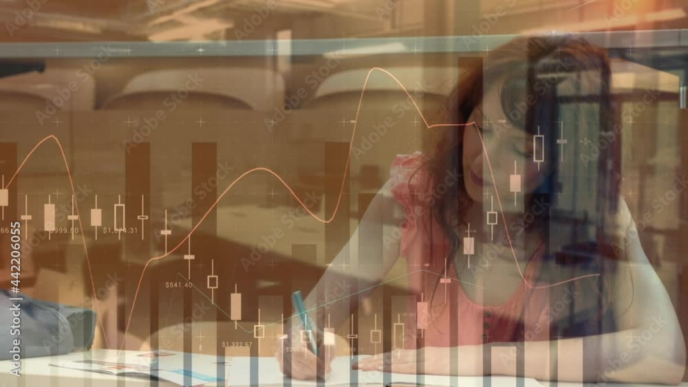 Poster animation of digital data processing over female student studying