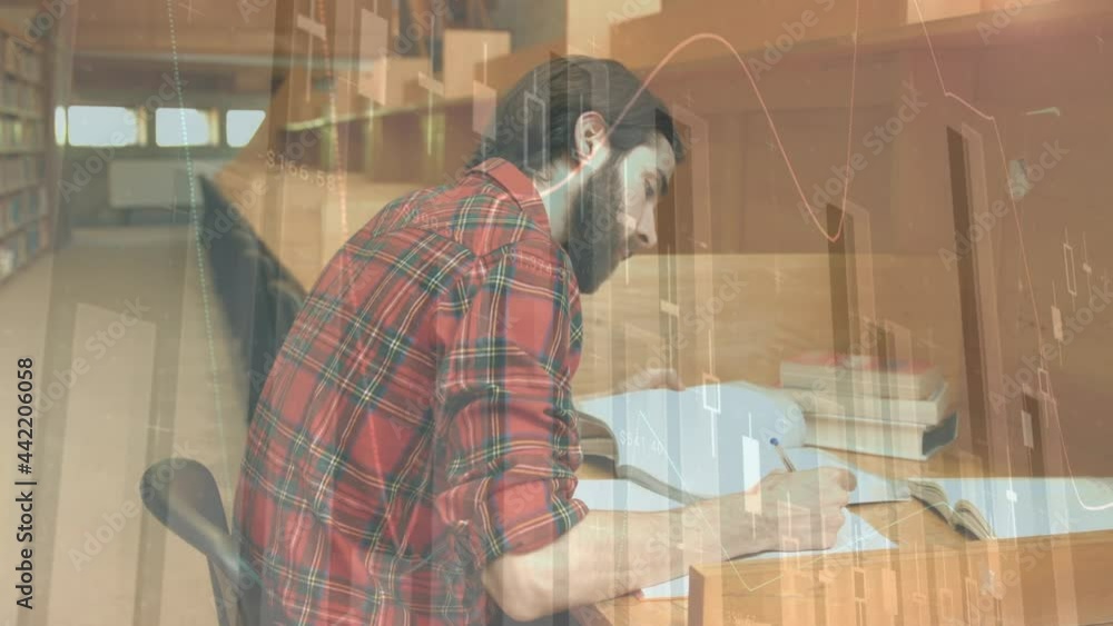 Poster animation of statistics and data processing over male student studying