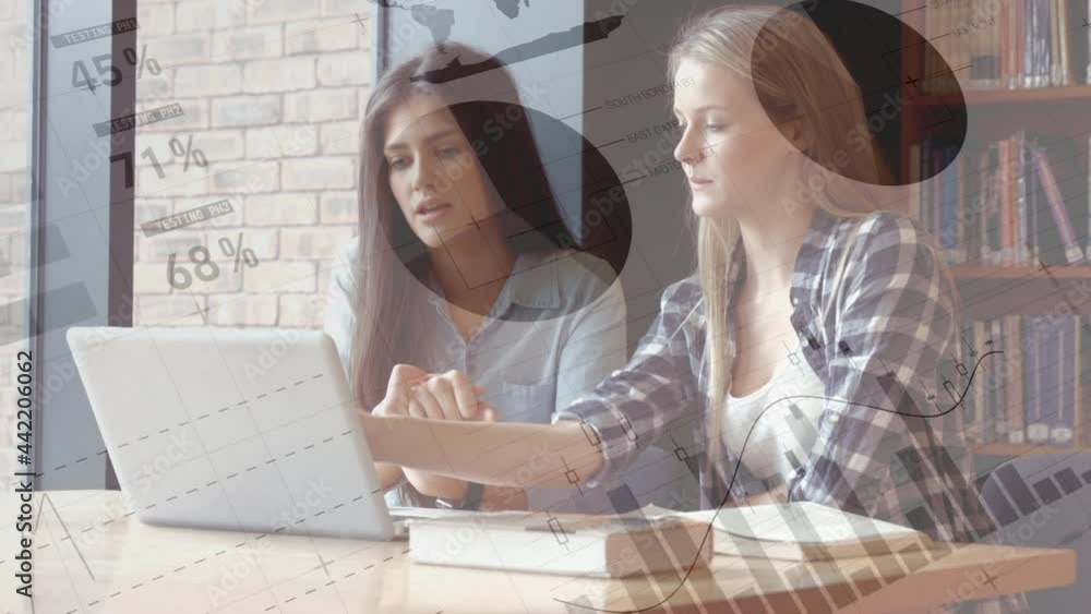 Aufkleber animation of digital data processing over female students using laptop and studying