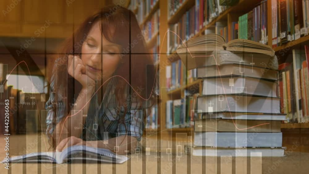 Poster animation of digital data processing over female student reading and studying