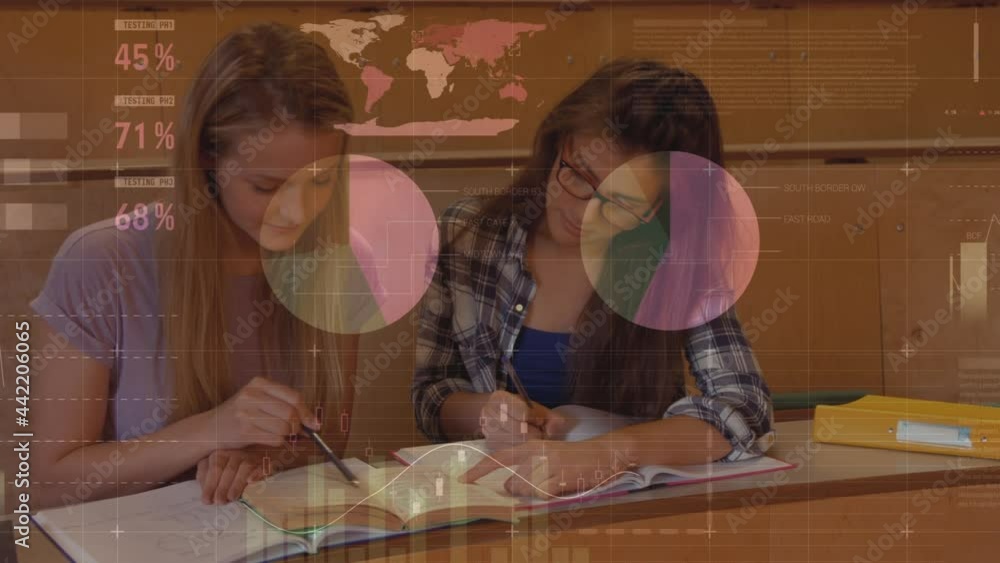 Aufkleber animation of statistics and data processing over female students studying