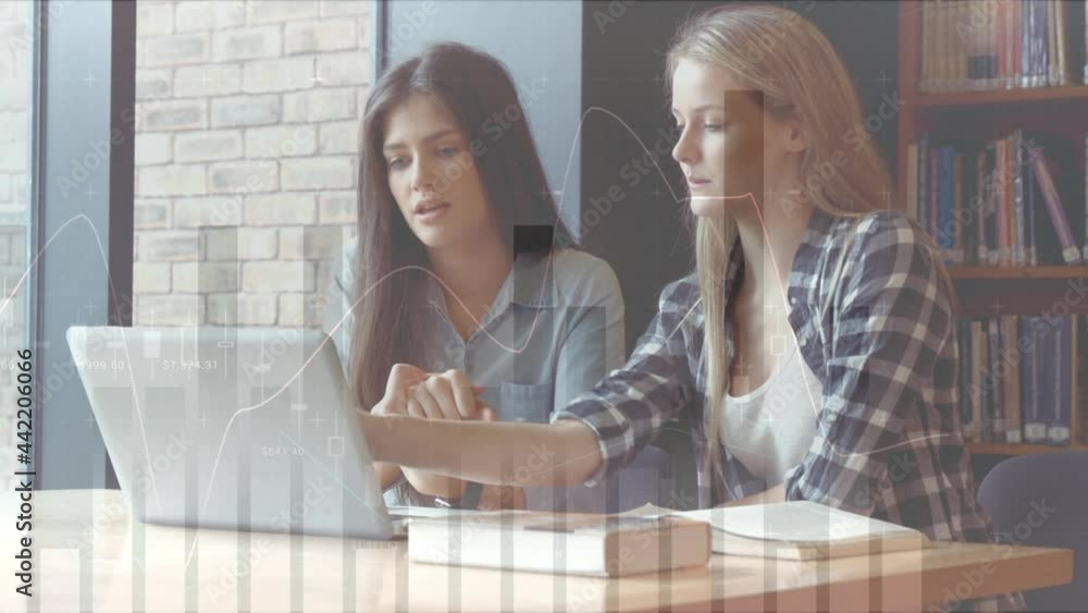 Poster animation of digital data processing over female students using laptop and studying