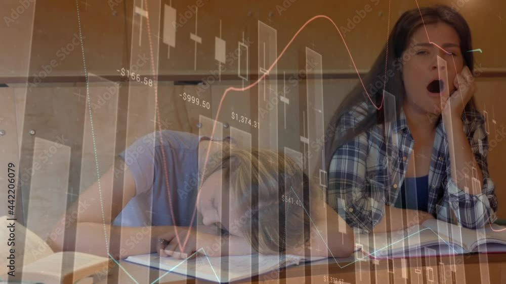 Poster animation of digital data processing over female students falling asleep while studying