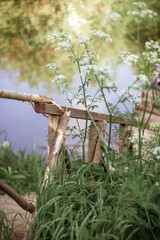 a wooden ladder fence runs down to a bridge on the river among the tall green grass. The concept of peace and tranquility. vertical. selective focus