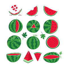 Ripe red watermelons. Whole and slices of watermelons collection. Set of juicy fruits for summer design. Modern vlat hand drawn illustration in flat style. Bright colorful elements.