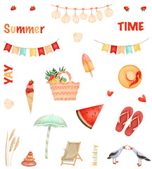 Set of summer holiday illustrations perfect for stickers and spot illustrations