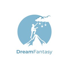 creative negative space logo of dream maker fantasy with people touch the sky illustration