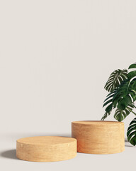 Wooden product display podium with nature leaves on pastel background. 3D rendering