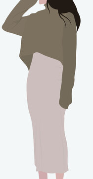 A girl with black hair in a monochronic dress. Woman in a skirt and sweater. Vector flat illustration in light colors. Design for postcards, posters, backgrounds, textiles, templates, avatars.