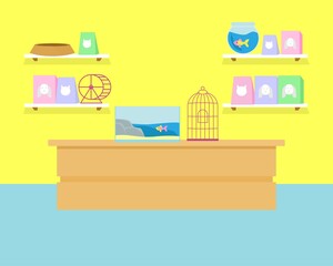 pet shop interior illustration background with pet food bowl aquarium element