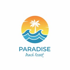 tropical paradise beach logo with sun and wave