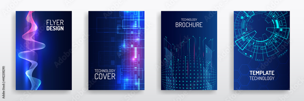 Poster blue layout futuristic brochures, flyers, placards. contemporary science and digital technology conc