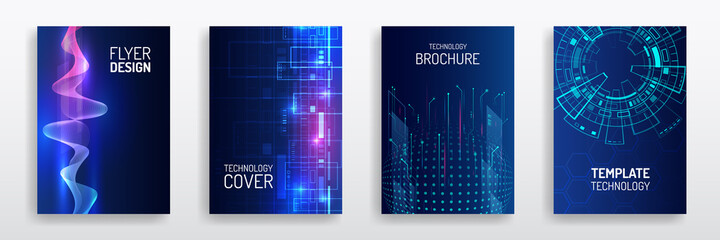 Blue layout futuristic brochures, flyers, placards. Contemporary science and digital technology concept. Vector template for brochure or cover with hi-tech elements background. - obrazy, fototapety, plakaty