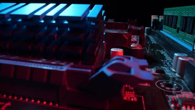 Inside the pc. Close view at computer motherboard, multicolor