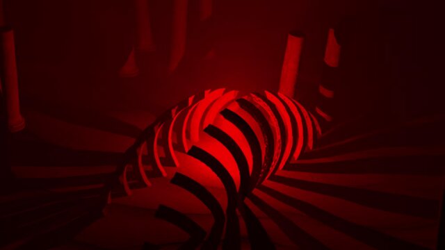 A red luminary pulsates on the gray sand, and the debris of a lost ancient building cast dark shadows on the sand and rickety columns.