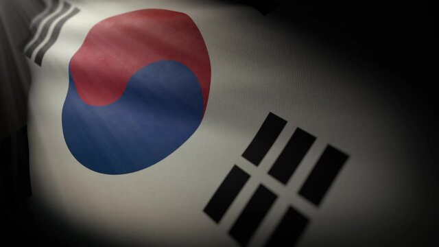South Korea Flag Waving Reveal Angled with Light Rays. angled view of the South Korea flag revealed waving with light rays
