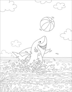 Funny great white shark jumping out of water and playing a big colorful ball on a summer sea beach, black and white outline vector cartoon illustration for a coloring book page