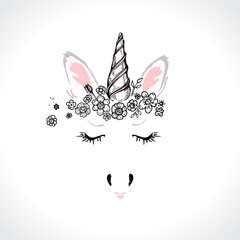 Cute dream unicorn with floral wreath. Beautiful card. Vector hand drawn illustration.
