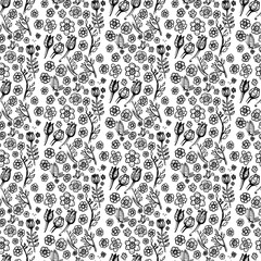 Blooming seamless pattern. Flowers and butterflies vector seamless background. Black ink drawn sketch of a blooming tulip flower. Vector old school style pattern.